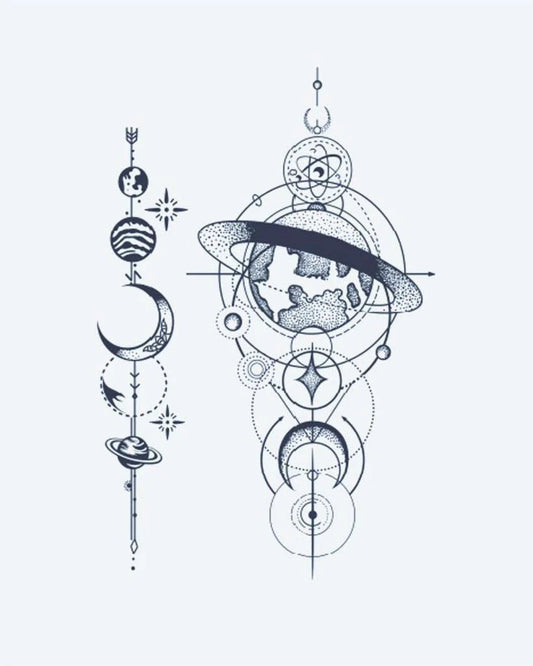 Tatuaje semi-permanente Globo Cósmico y Planetas diseño de INKON – ilustración de geométrico, celestial, tierra, globo, orbitando, 3 x 4 in (6x11cm), disponible en inkon.co