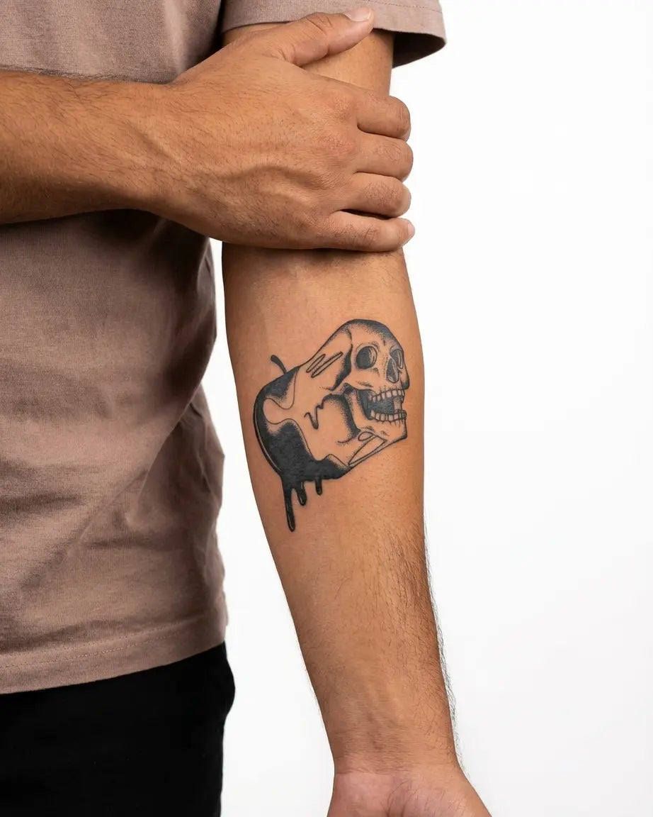 INKON Calavera de Fruta Prohibida tatuaje semi-permanente aplicado en un hombre – diseño de 3 x 4 in (7x10cm), apariencia de tinta realista, dura 10 días