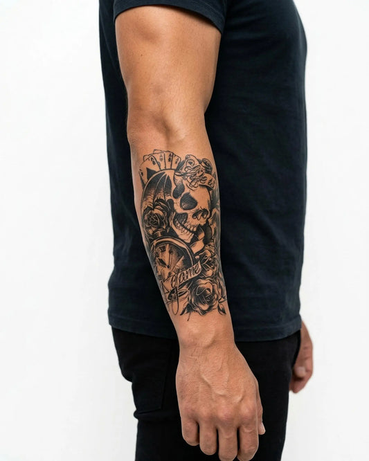 INKON Calavera, Reloj y Cartas tatuaje semi-permanente aplicado en un hombre – diseño de 4 x 7 in (10x17cm), apariencia de tinta realista, dura 10 días