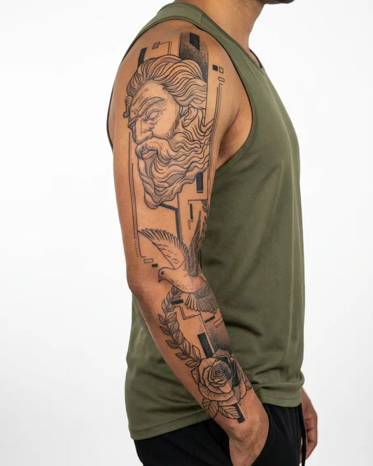 INKON Dios Griego, Paloma y Rosa tatuaje semi-permanente aplicado en un hombre – diseño de 8 x 20 in (20x50cm), apariencia de tinta realista, dura 10 días