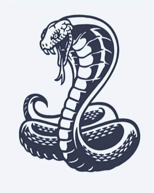 Tatuaje semi-permanente Cobra Real diseño de INKON – ilustración de rey, cobra, erguido, ataque, pose, 4 x 7 in (10x17cm), disponible en inkon.co