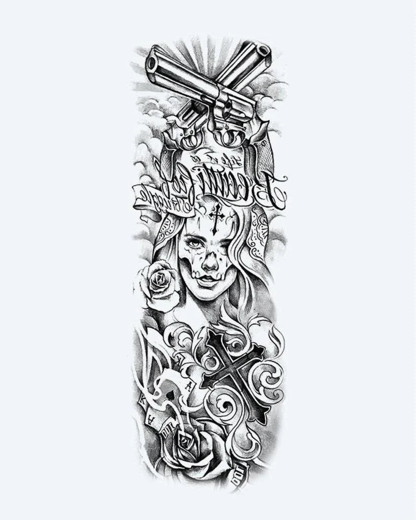 Tatuaje semi-permanente Mujer Chicana y Revólveres diseño de INKON – ilustración de chicano, completo, manga, mujer, rostro, 8 x 20 in (20x50cm), disponible en inkon.co