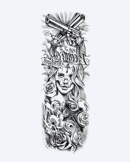 Tatuaje semi-permanente Mujer Chicana y Revólveres diseño de INKON – ilustración de chicano, completo, manga, mujer, rostro, 8 x 20 in (20x50cm), disponible en inkon.co