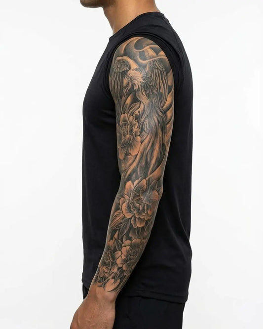 INKON Fénix y Peonías tatuaje semi-permanente aplicado en un hombre – diseño de 8 x 20 in (20x50cm), apariencia de tinta realista, dura 10 días