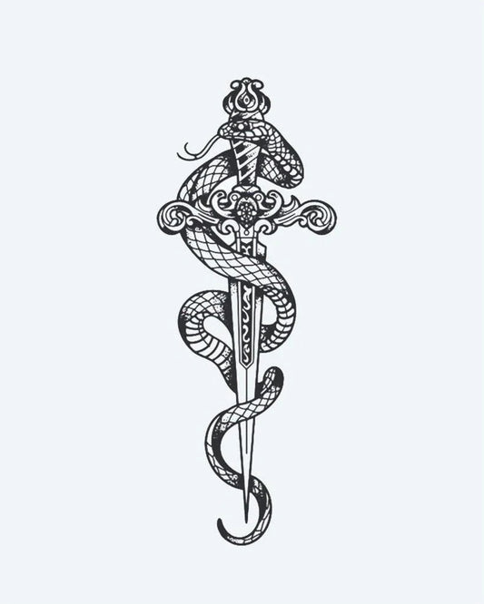 Tatuaje semi-permanente Serpiente y Daga Ornamental diseño de INKON – ilustración de hermosamente, cobra, serpiente, enroscándose, ornamentado, 4 x 8 in (11x21cm), disponible en inkon.co