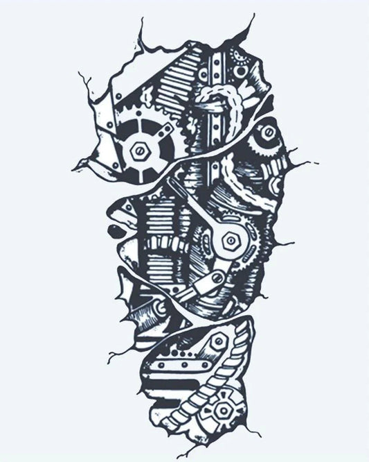 Tatuaje semi-permanente Engranes Biomecánicos diseño de INKON – ilustración de rasgado, piel, biomecánico, revelando, engranajes, 4 x 7 in (10x17cm), disponible en inkon.co