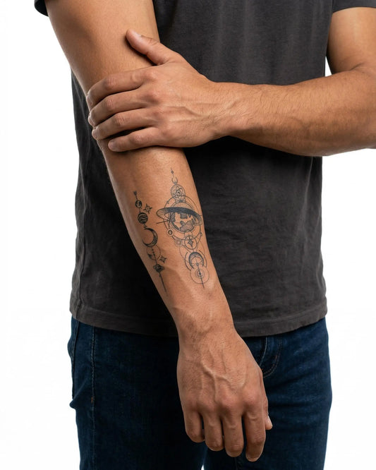 INKON Globo Cósmico y Planetas tatuaje semi-permanente aplicado en un hombre – diseño de 3 x 4 in (6x11cm), apariencia de tinta realista, dura 10 días