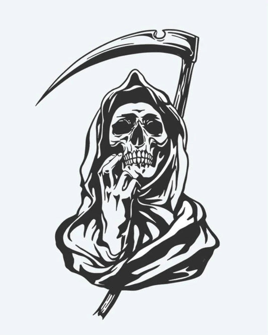 Tatuaje semi-permanente Segador Siniestro diseño de INKON – ilustración de encapuchado, sombrío, parca, guadaña, amenazante, 3 x 4 in (7x10cm), disponible en inkon.co