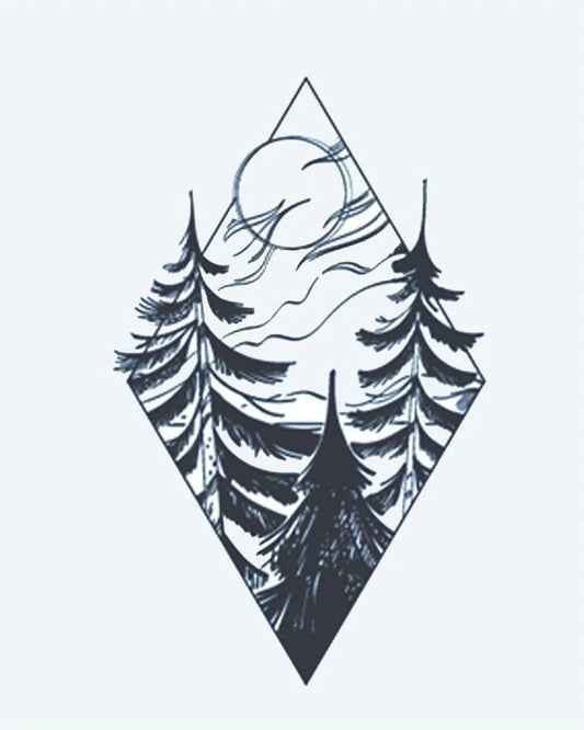Tatuaje semi-permanente Diamante del Bosque diseño de INKON – ilustración de paisajístico, pino, árboles, completo, luna, 3 x 4 in (7x10cm), disponible en inkon.co