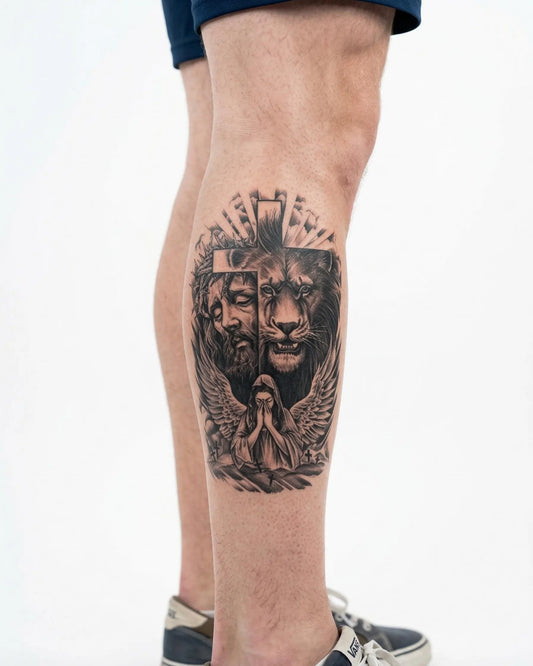 INKON Fe: León, Cruz y Ángel tatuaje semi-permanente aplicado en un hombre – diseño de 4 x 7 in (10x17cm), apariencia de tinta realista, dura 10 días