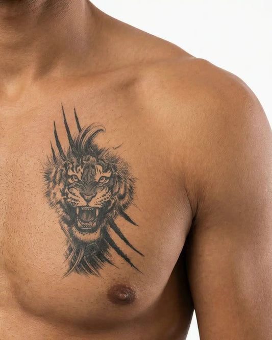 INKON Tigre Rugiente y Garras tatuaje semi-permanente aplicado en un hombre – diseño de 4 x 7 in (10x17cm), apariencia de tinta realista, dura 10 días