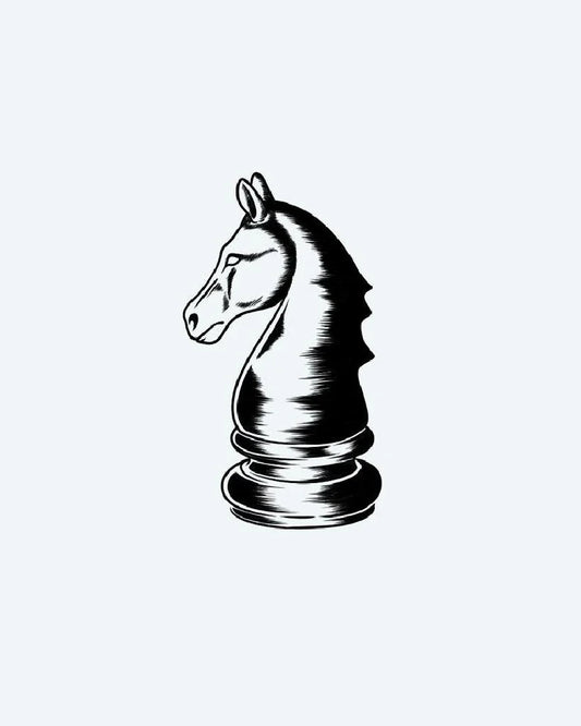 Tatuaje semi-permanente Caballo de Ajedrez Grabado diseño de INKON – ilustración de grabado en madera, linework, define, afilado, perfil, 2 x 2 in (5x5cm), disponible en inkon.co