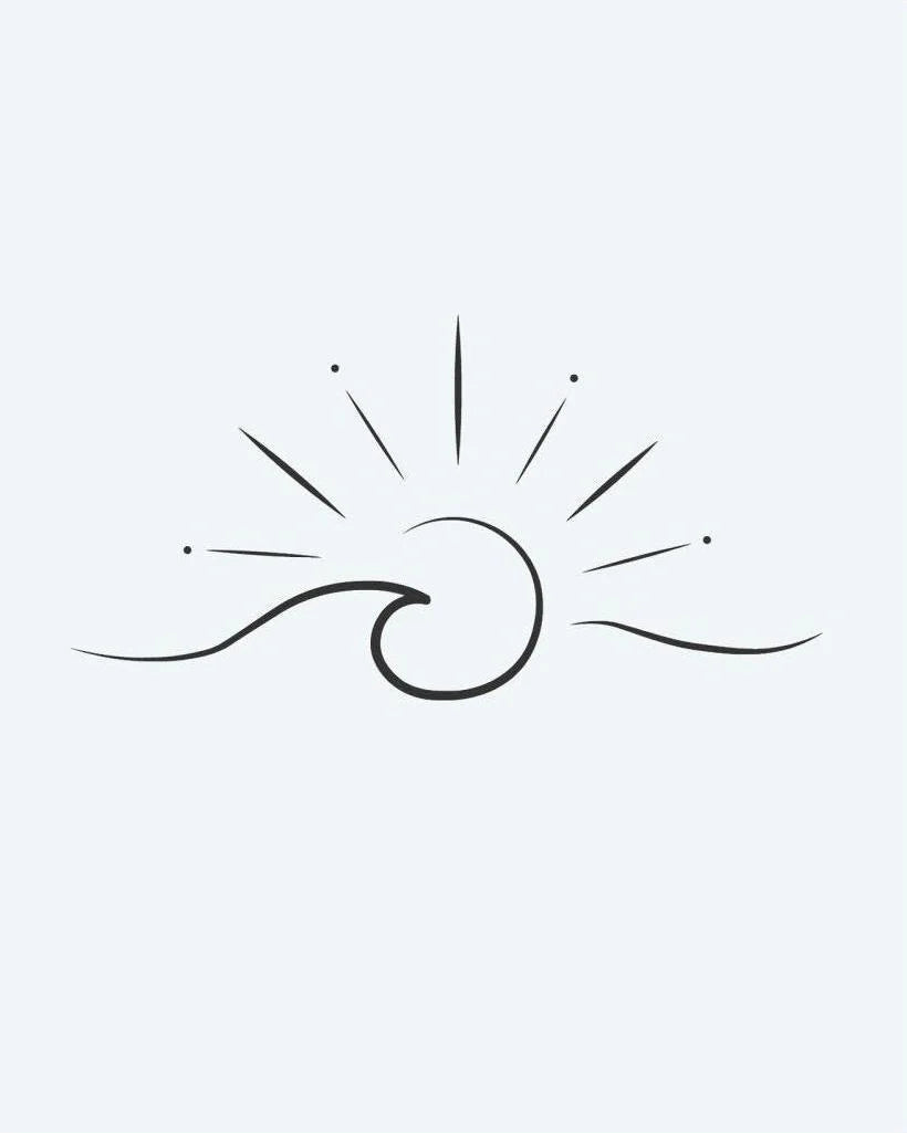 Tatuaje semi-permanente Ola y Sol diseño de INKON – ilustración de océano, ola, rizándose, debajo, rayos, 2 x 2 in (5x5cm), disponible en inkon.co