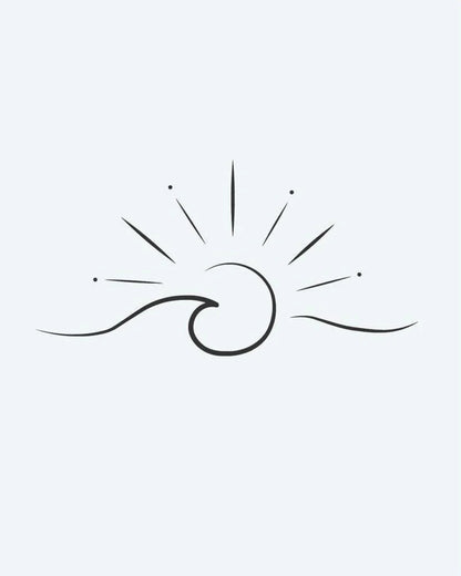 Tatuaje semi-permanente Ola y Sol diseño de INKON – ilustración de océano, ola, rizándose, debajo, rayos, 2 x 2 in (5x5cm), disponible en inkon.co