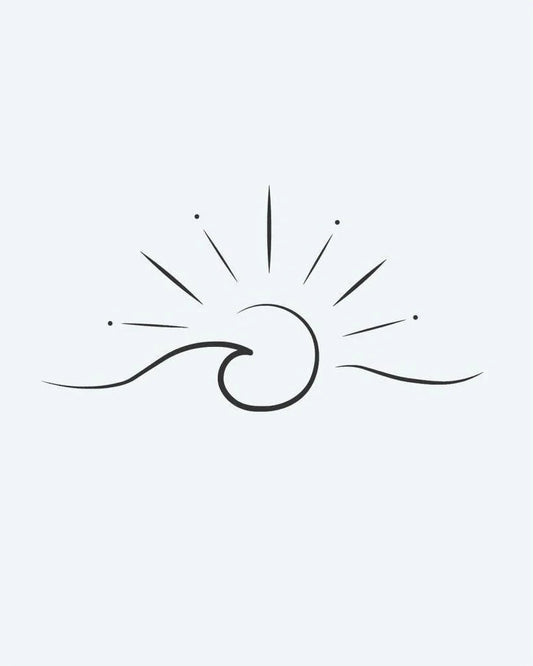 Tatuaje semi-permanente Ola y Sol diseño de INKON – ilustración de océano, ola, rizándose, debajo, rayos, 2 x 2 in (5x5cm), disponible en inkon.co