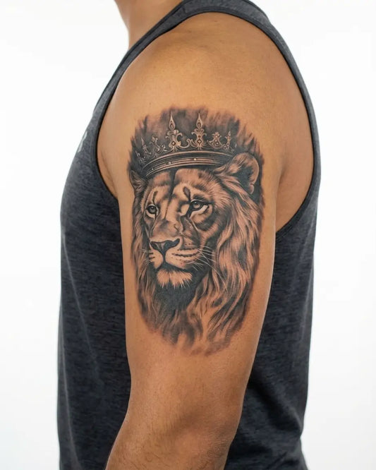 INKON León Coronado 2 tatuaje semi-permanente aplicado en un hombre – diseño de 4 x 8 in (11x21cm), apariencia de tinta realista, dura 10 días