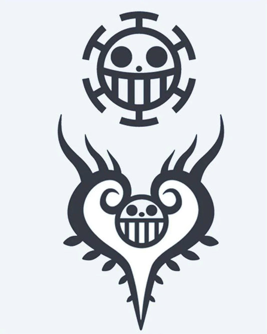 Tatuaje semi-permanente Emblemas de Calavera Pirata diseño de INKON – ilustración de pirata, calavera, alegre, roger, emblemas, 4 x 7 in (10x17cm), disponible en inkon.co