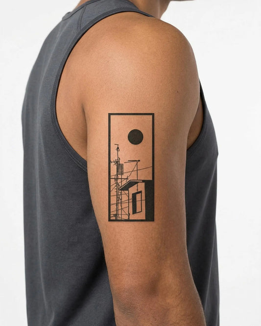 INKON Escena de Azotea Urbana tatuaje semi-permanente aplicado en un hombre – diseño de 3 x 4 in (6x11cm), apariencia de tinta realista, dura 10 días