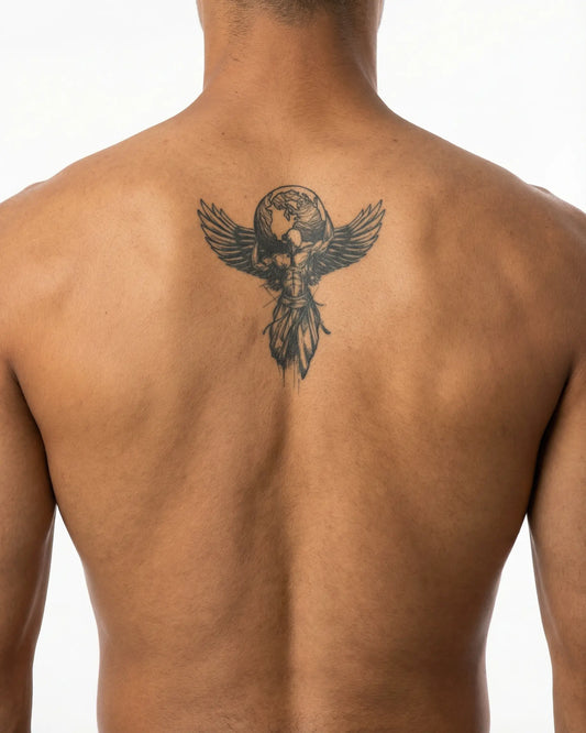 INKON Atlas Alado tatuaje semi-permanente aplicado en un hombre – diseño de 4 x 8 in (11x21cm), apariencia de tinta realista, dura 10 días