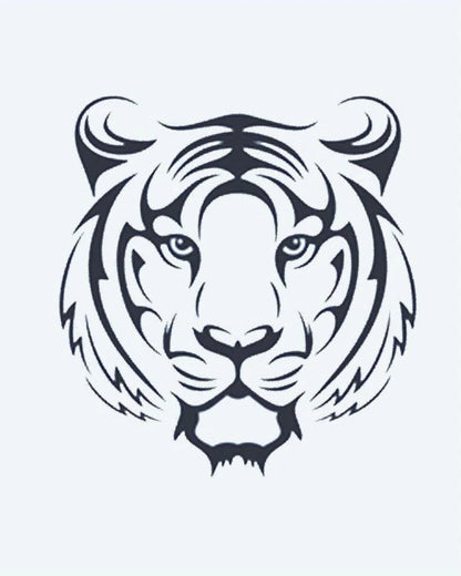 Tatuaje semi-permanente Cara de Tigre diseño de INKON – ilustración de frontal, tigre, rostro, tribal, líneas, 2 x 2 in (5x5cm), disponible en inkon.co
