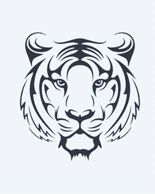 Tatuaje semi-permanente Cara de Tigre diseño de INKON – ilustración de frontal, tigre, rostro, tribal, líneas, 2 x 2 in (5x5cm), disponible en inkon.co