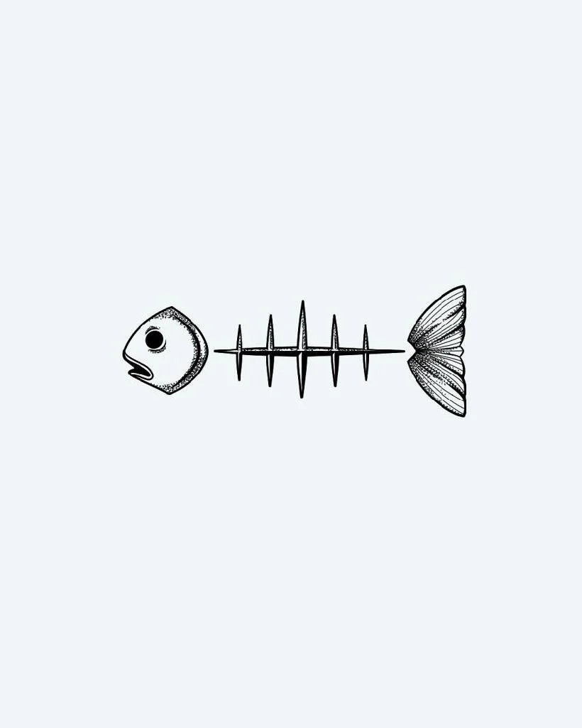 Tatuaje semi-permanente Esqueleto de Pez Minimalista diseño de INKON – ilustración de dotwork, fino, líneas, construye, minimalista, 3 x 4 in (6x11cm), disponible en inkon.co
