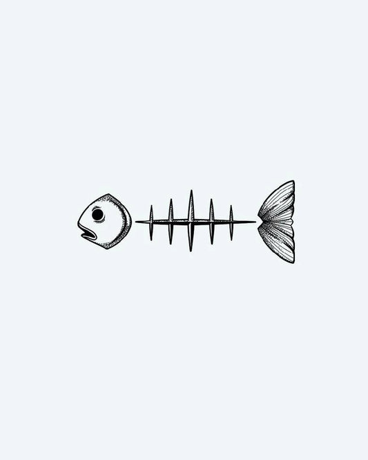 Tatuaje semi-permanente Esqueleto de Pez Minimalista diseño de INKON – ilustración de dotwork, fino, líneas, construye, minimalista, 3 x 4 in (6x11cm), disponible en inkon.co