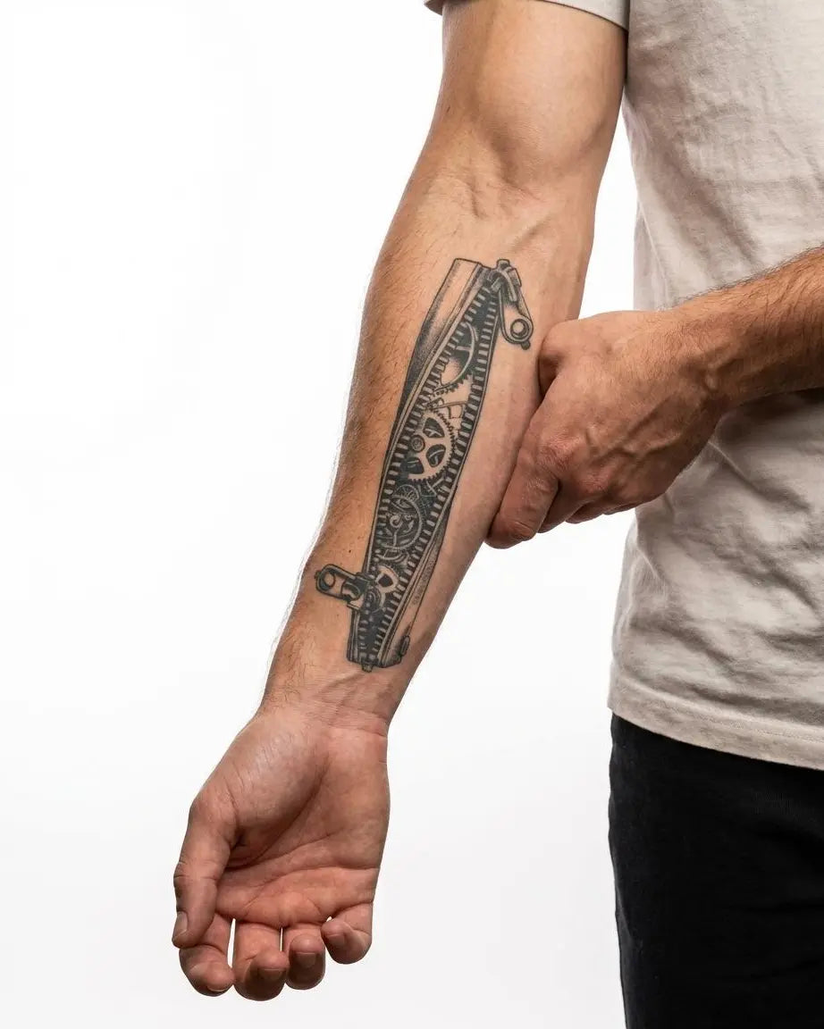 INKON Brazalete de Engranes Steampunk tatuaje semi-permanente aplicado en un hombre – diseño de 4 x 8 in (11x21cm), apariencia de tinta realista, dura 10 días