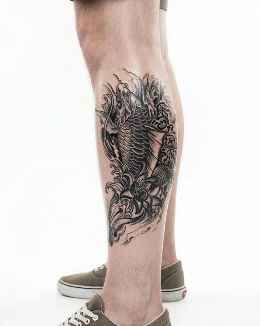 INKON Pez Koi y Loto 2 tatuaje semi-permanente aplicado en un hombre – diseño de 4 x 8 in (11x21cm), apariencia de tinta realista, dura 10 días