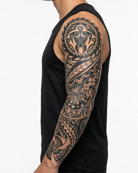 INKON Manga Tribal Polinesia tatuaje semi-permanente aplicado en un hombre – diseño de 8 x 20 in (20x50cm), apariencia de tinta realista, dura 10 días