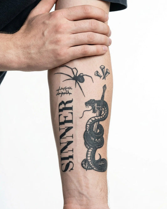 INKON Flash Sheet Pecador tatuaje semi-permanente aplicado en un hombre – diseño de 4 x 7 in (10x17cm), apariencia de tinta realista, dura 10 días