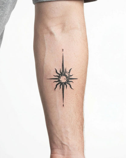 INKON Brújula Sol y Luna tatuaje semi-permanente aplicado en un hombre – diseño de 3 x 4 in (6x11cm), apariencia de tinta realista, dura 10 días
