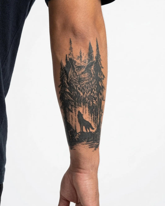 INKON Búho del Bosque y Lobo tatuaje semi-permanente aplicado en un hombre – diseño de 4 x 7 in (10x17cm), apariencia de tinta realista, dura 10 días