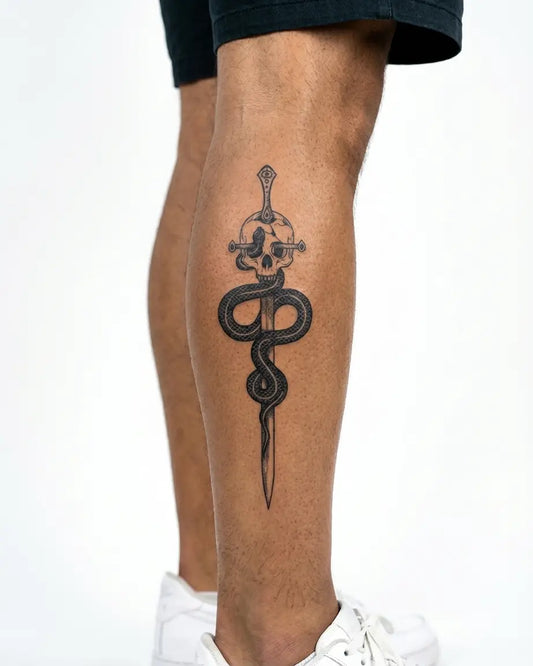 INKON Serpiente y Daga con Calavera tatuaje semi-permanente aplicado en un hombre – diseño de 4 x 7 in (10x17cm), apariencia de tinta realista, dura 10 días