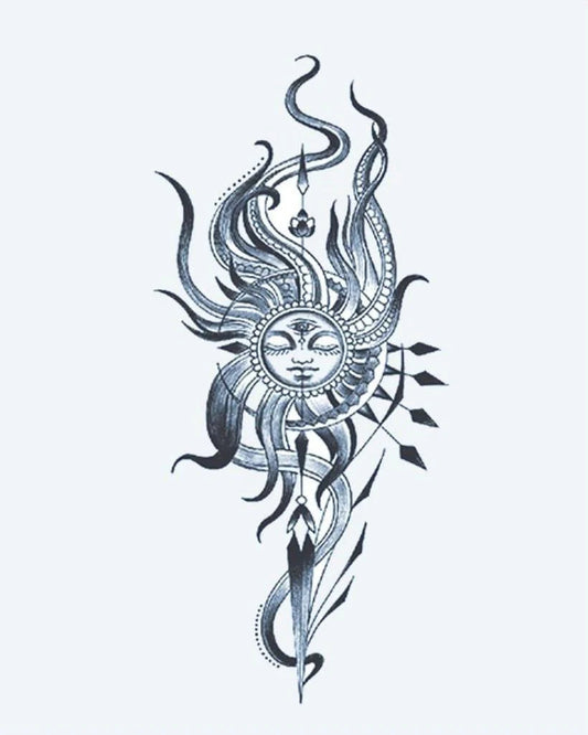 Tatuaje semi-permanente Rostro del Sol Celestial diseño de INKON – ilustración de ornamentado, sereno, rostro, rodeado, fluido, 4 x 7 in (10x17cm), disponible en inkon.co