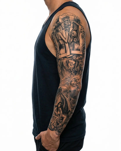 INKON Casino y Chicas Pin-Up tatuaje semi-permanente aplicado en un hombre – diseño de 8 x 20 in (20x50cm), apariencia de tinta realista, dura 10 días