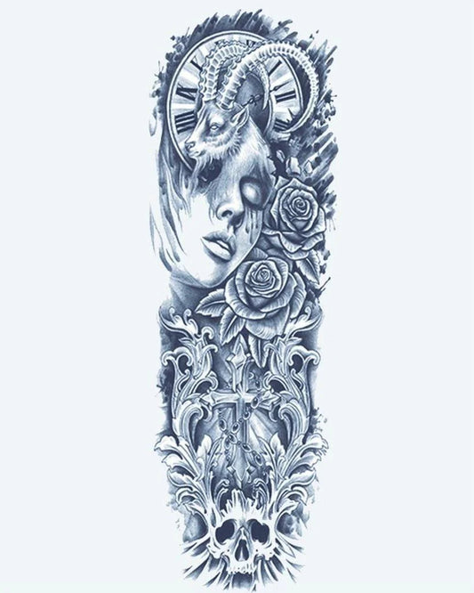 Tatuaje semi-permanente Mujer Carnero y Cruz Gótica diseño de INKON – ilustración de oscuro, cautivador, completo, manga, mujer, 8 x 20 in (20x50cm), disponible en inkon.co