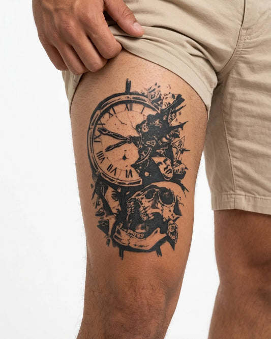 INKON Reloj Roto y Calavera tatuaje semi-permanente aplicado en un hombre – diseño de 4 x 7 in (10x17cm), apariencia de tinta realista, dura 10 días