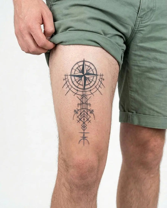 INKON Rosa de los Vientos Geométrica tatuaje semi-permanente aplicado en un hombre – diseño de 4 x 7 in (10x17cm), apariencia de tinta realista, dura 10 días