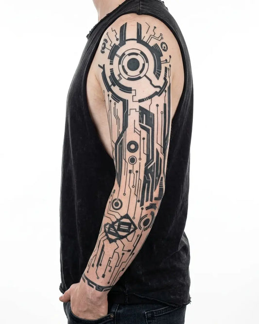 INKON Circuito Cyberpunk tatuaje semi-permanente aplicado en un hombre – diseño de 8 x 20 in (20x50cm), apariencia de tinta realista, dura 10 días
