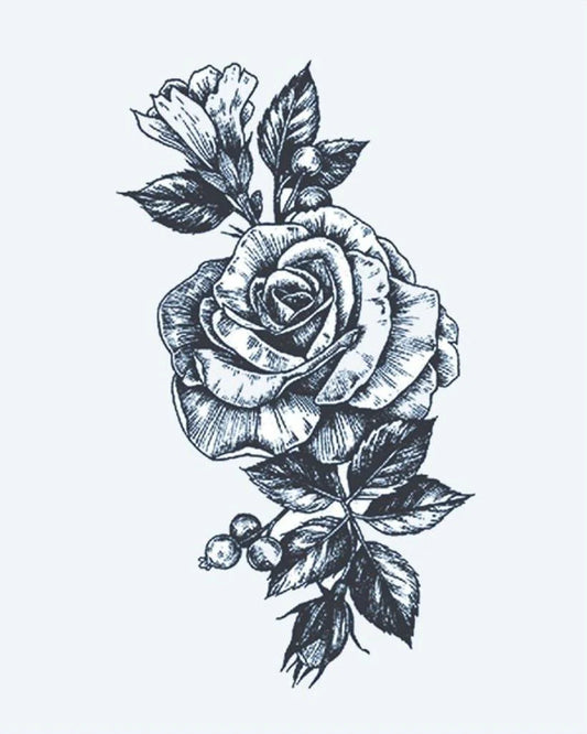 Tatuaje semi-permanente Ramo de Rosas diseño de INKON – ilustración de hermosamente, rosa, flor, rodeando, brotes, 4 x 7 in (10x17cm), disponible en inkon.co