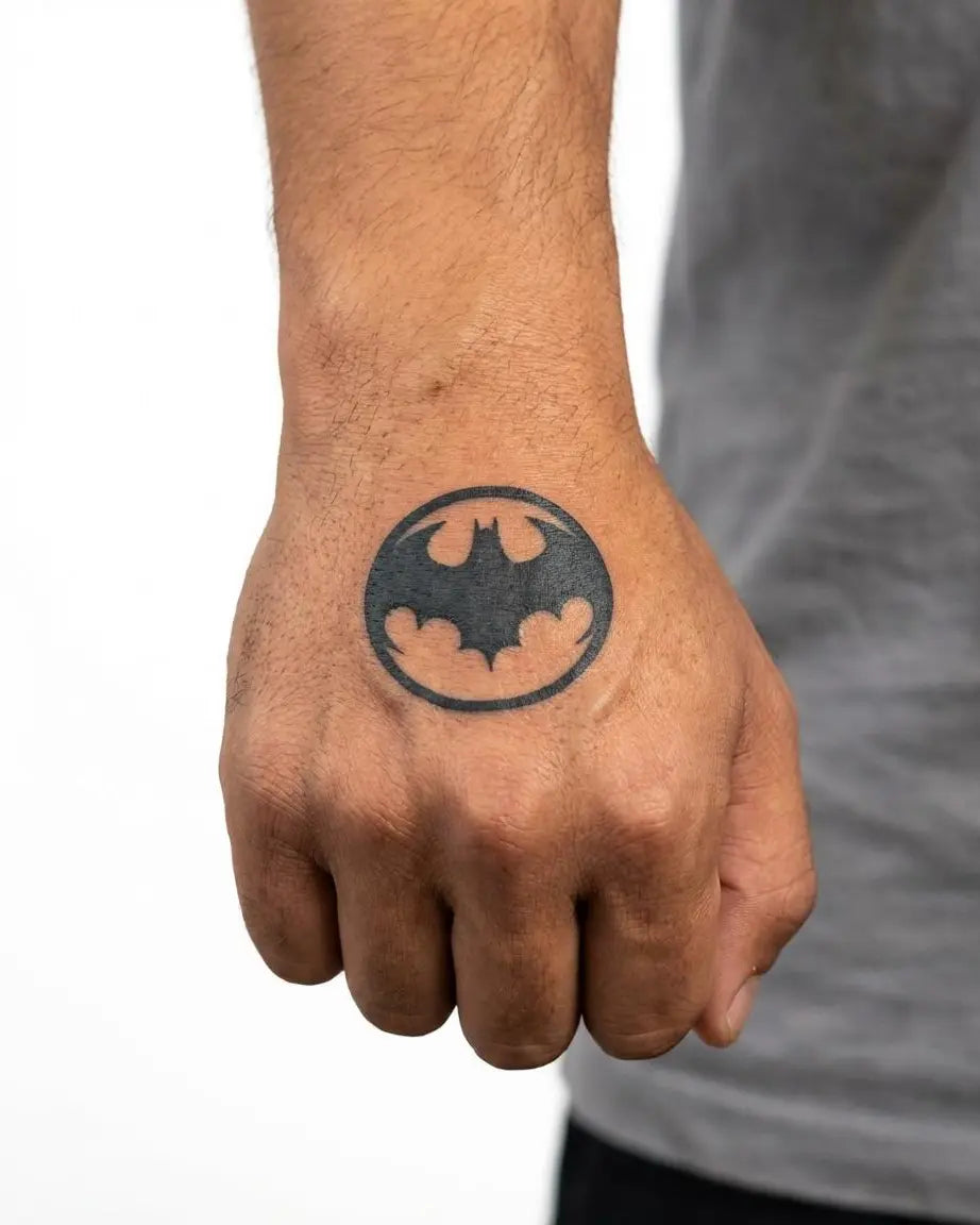 INKON Bat Signal tatuaje semi-permanente aplicado en un hombre – diseño de 2 x 2 in (5x5cm), apariencia de tinta realista, dura 10 días