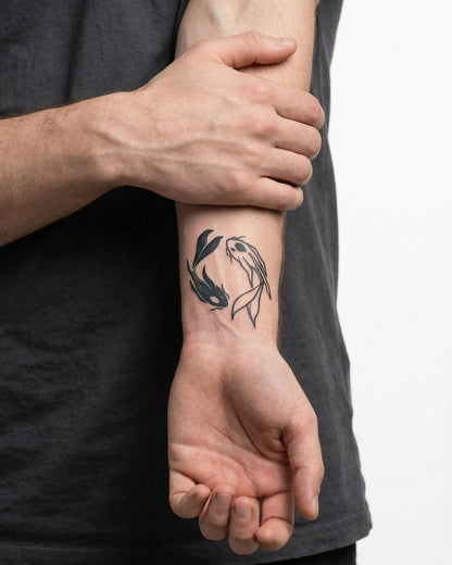 INKON Dúo de Peces Koi tatuaje semi-permanente aplicado en un hombre – diseño de 2 x 2 in (5x5cm), apariencia de tinta realista, dura 10 días