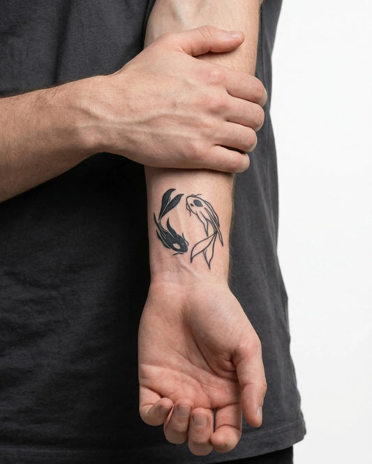 INKON Dúo de Peces Koi tatuaje semi-permanente aplicado en un hombre – diseño de 2 x 2 in (5x5cm), apariencia de tinta realista, dura 10 días
