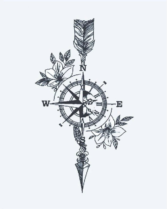 Tatuaje semi-permanente Brújula Floral y Flecha diseño de INKON – ilustración de náutico, brújula, flecha, floreciendo, flores, 3 x 4 in (6x11cm), disponible en inkon.co