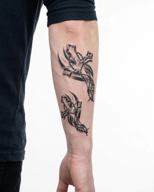 INKON Cruces y Rosario tatuaje semi-permanente aplicado en un hombre – diseño de 4 x 7 in (10x17cm), apariencia de tinta realista, dura 10 días