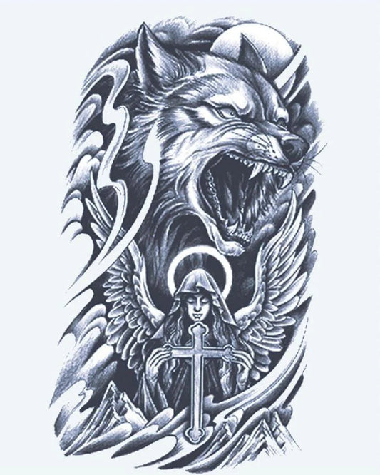 Tatuaje semi-permanente Lobo y Ángel Guardián diseño de INKON – ilustración de gruñendo, lobo, encima, guardián, ángel, 4 x 7 in (10x17cm), disponible en inkon.co