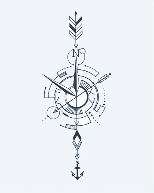 Tatuaje semi-permanente Brújula Náutica y Flecha diseño de INKON – ilustración de minimalista, brújula, flecha, ancla, fino, 4 x 7 in (10x17cm), disponible en inkon.co