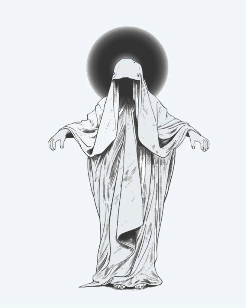 Tatuaje semi-permanente Fantasma Velado diseño de INKON – ilustración de misterioso, con toga, figura, velado, rostro, 4 x 7 in (10x17cm), disponible en inkon.co