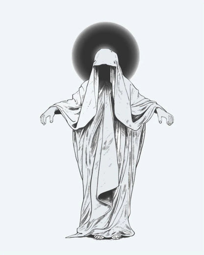 Tatuaje semi-permanente Fantasma Velado diseño de INKON – ilustración de misterioso, con toga, figura, velado, rostro, 4 x 7 in (10x17cm), disponible en inkon.co